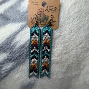 Justin Boots Teal, Turquoise, Navy and Gold Beaded Leather Drop Earrings